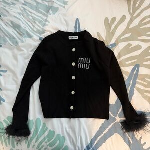 Miu Miu Black Cardigan with Feather Trim
